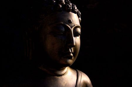 Very contrast head-shot of a golder statue of Buddha sitting in the rock garden, morning sunlight coming from the side highlighting shapesの写真素材