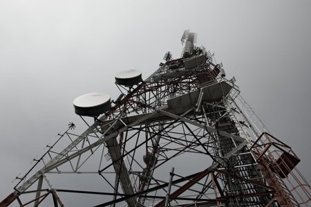 Transmission tower on Mount Cargill disappearing in the haze of grey clouds