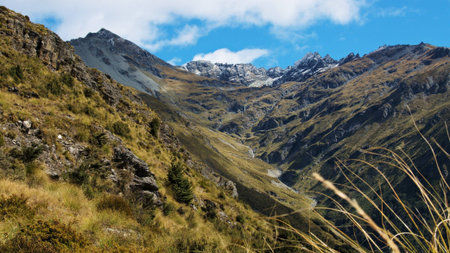 En route to Lake Isobel and Mount Crichton (1870m), Twelve Mile Creek, Otago, New Zealandの写真素材