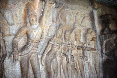 Mahabalipuram on 28 Dec 2019 : Arjuna's Penance a large rock relief carving in mahabalipuram, Tamil Nadu, Indiaのeditorial素材