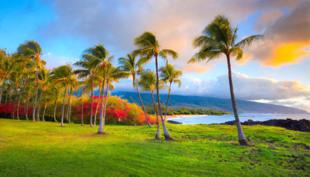 Palm trees on Maui island, Hawaii, USA at sunsetの素材