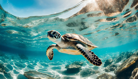 Hawaiian Green Sea Turtle (Chelonia mydas) swimming in blue ocean water.の素材