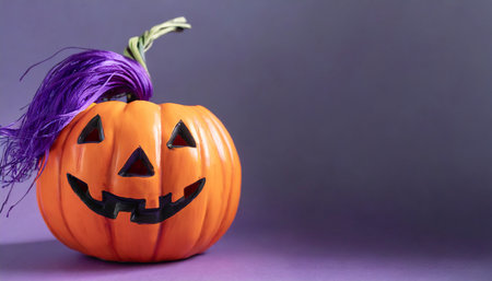Halloween pumpkin with purple hair on purple background. Copy space.の素材