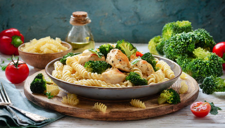Fusilli pasta with chicken and broccoli in a bowl on a wooden tableの素材