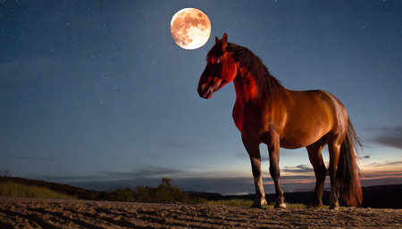 Horse in the field at night with full moon in the backgroundの素材