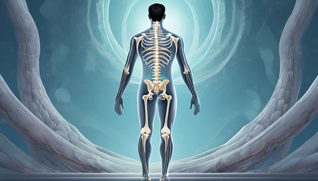 Human skeleton anatomy in blue background. This is a 3d render illustrationの素材