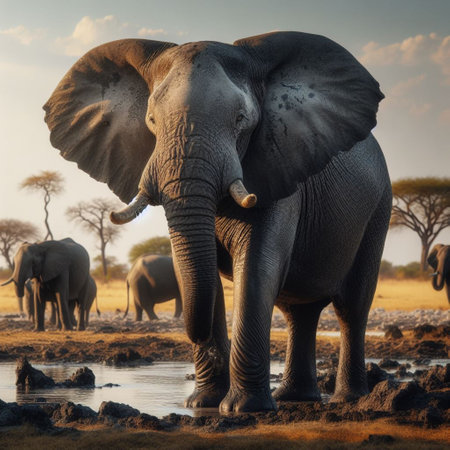 African elephant at a waterhole in Etosha National Park, Namibiaの素材