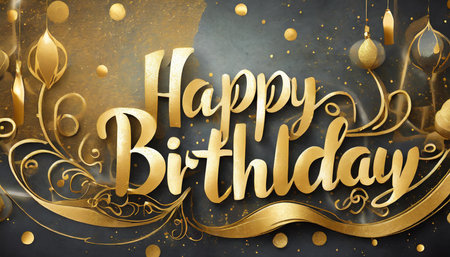Happy birthday greeting card with golden lettering on dark background. Vector illustration.の素材