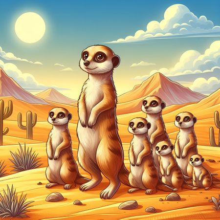 Group of meerkats in the desert. Vector cartoon illustration.の素材