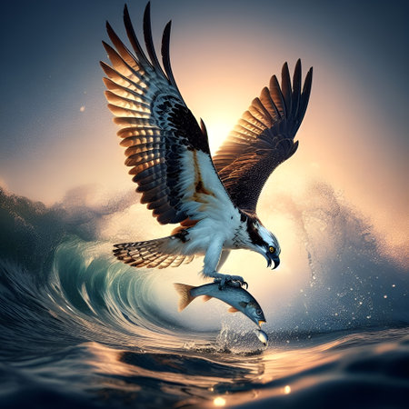 Osprey catching fish in the ocean. 3d illustration.の素材