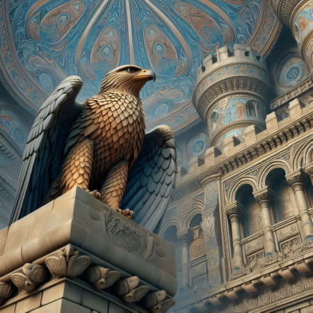 3D rendering of a statue of an eagle in front of a buildingの素材