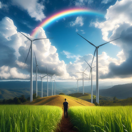 Man standing in front of wind turbines and rainbow on the sky.の素材
