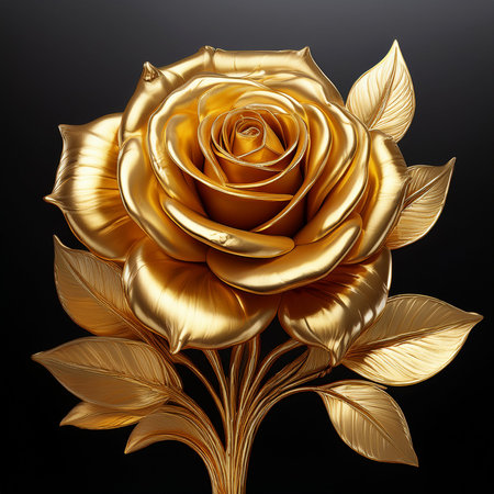 Gold rose on black background. 3d rendering, 3d illustration.の素材