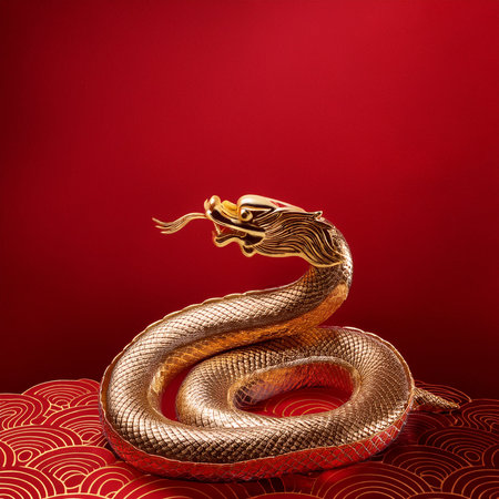 Golden chinese dragon on red background. Chinese New Year concept.の素材