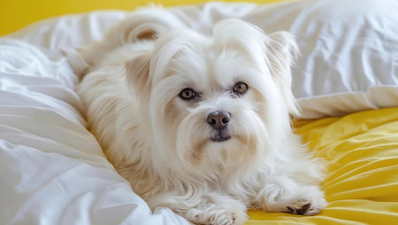 White Maltese dog lying on the bed and looking at the cameraの写真素材