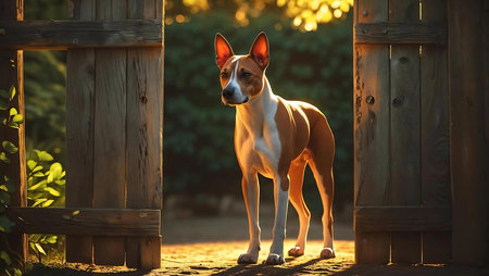 American staffordshire terrier standing in front of a wooden gate.の写真素材