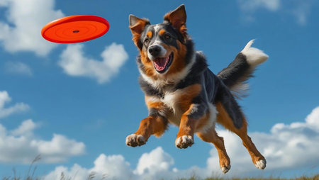 Shepherd dog is jumping with a red disc in its mouth.の写真素材