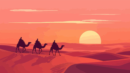 Camel caravan in desert at sunset. Vector illustration of camel caravan with camels in desert.のイラスト素材