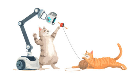 Vector illustration of a cat with a robot and a cat on a leash.のイラスト素材