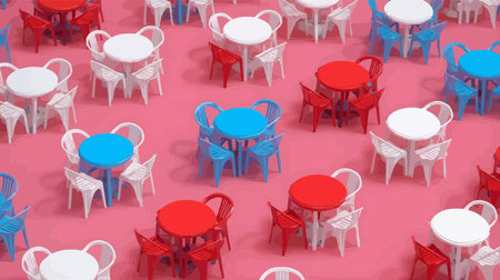 Colorful tables and chairs in a cafe. 3D illustration.