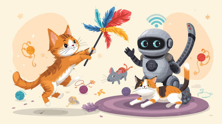 Cute cat and robot playing with feathers. Vector cartoon illustration.のイラスト素材