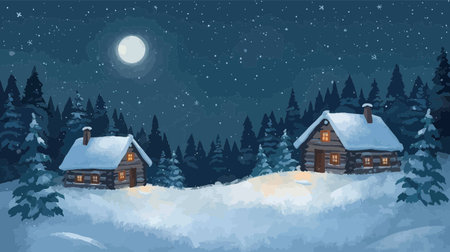 Winter landscape with cottage in the woods and full moon. Vector illustration.のイラスト素材