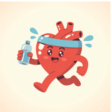 Healthy heart character running with a bottle of water. Vector illustration.のイラスト素材