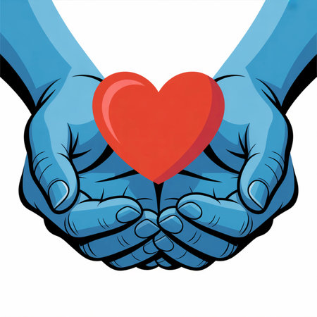 Illustration of hands holding a red heart on a white background.のイラスト素材