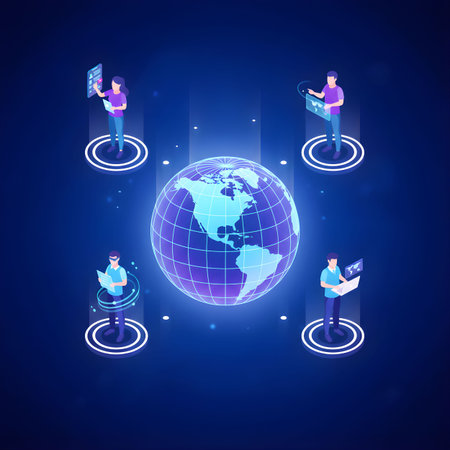 Global business concept. Vector illustration in a flat style on a blue background.