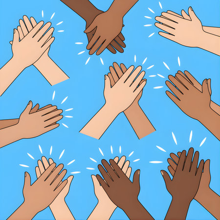 Illustration of a group of hands clapping on a blue backgroundのイラスト素材