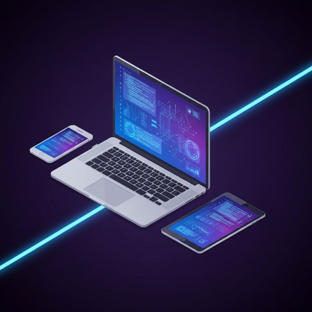 Isometric laptop, smartphone and tablet on a dark background. Vector illustration.のイラスト素材