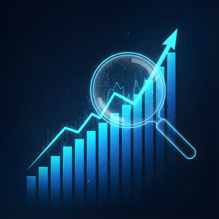 Magnifying glass and growing graph on blue background. Vector illustration.のイラスト素材