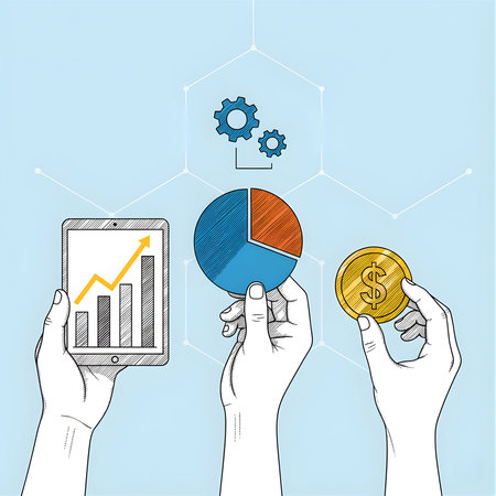 Vector illustration of human hands holding tablet with business chart and coin.のイラスト素材