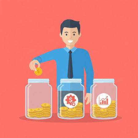 Businessman with coins in a jar. Vector flat design illustration.のイラスト素材
