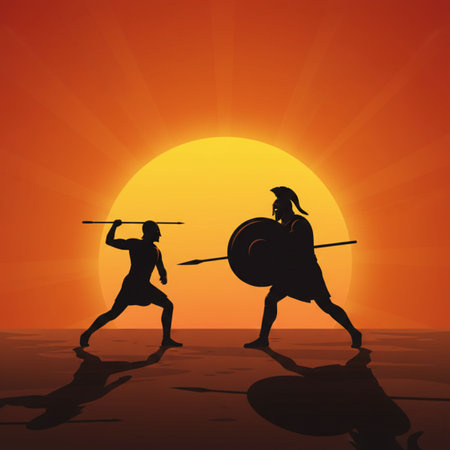 Samurai with a sword and shield on sunset background. Vector illustration.のイラスト素材