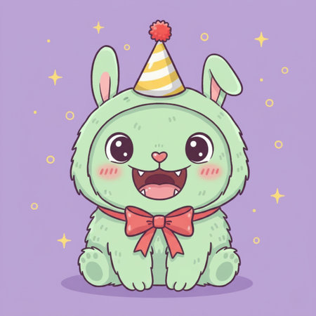 Cute cartoon bunny with birthday hat and bow tie. Vector illustration.のイラスト素材