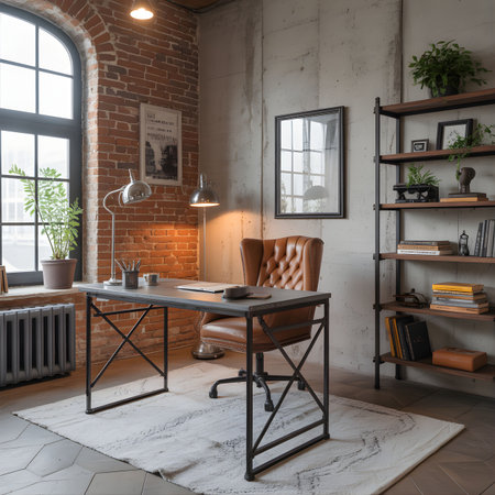 Interior of loft office with brick walls, wooden floor and concrete floor. 3d renderの素材