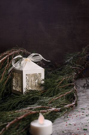 Christmas picture . Near coniferous branch is present. Christmas Eveの写真素材