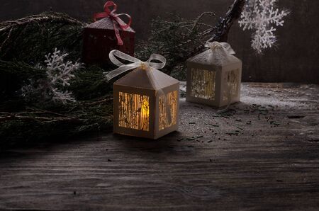 Christmas picture . Near coniferous branch is present. Christmas Eveの写真素材