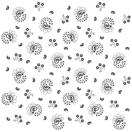 Seamless pattern with flowers and leaves. Black and white vector illustration.のイラスト素材