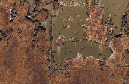 Rusty brown iron texture, green old fence with peeling paint. Textured wallpaper for design.
