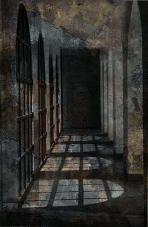 Gothic Stone Hallway Backgroundの写真素材