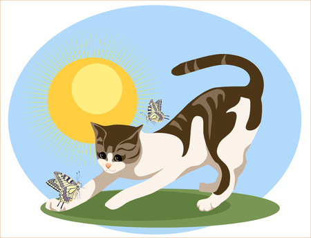 cat playing with butterfliesのイラスト素材