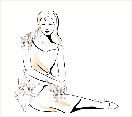 girl and catsのイラスト素材