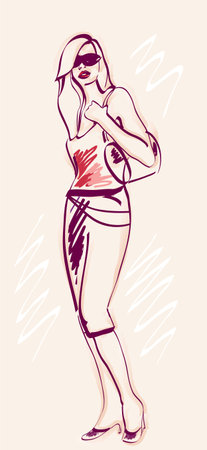 freehand sketch of fashion girl with litttle bagのイラスト素材