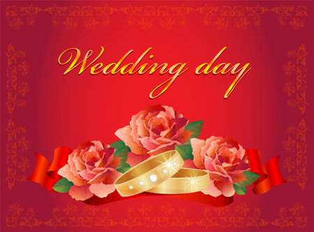  wedding card with rings and roses over red ribbonのイラスト素材