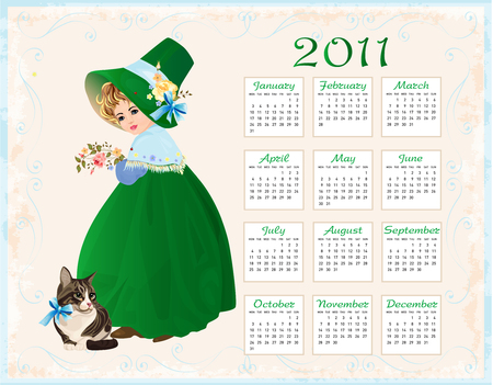 vintage  style  calendar 2011 with cat and girlのイラスト素材