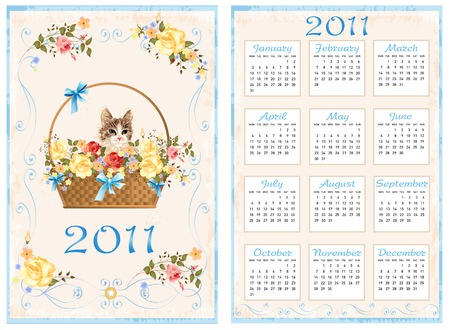 vintage pocket calendar 2011 with cat sitting in the basket.  70 x105 mmのイラスト素材