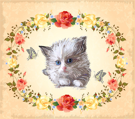 greeting card with kitten, roses and butterfliesのイラスト素材