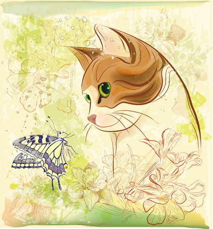 cat playing with butterflyのイラスト素材